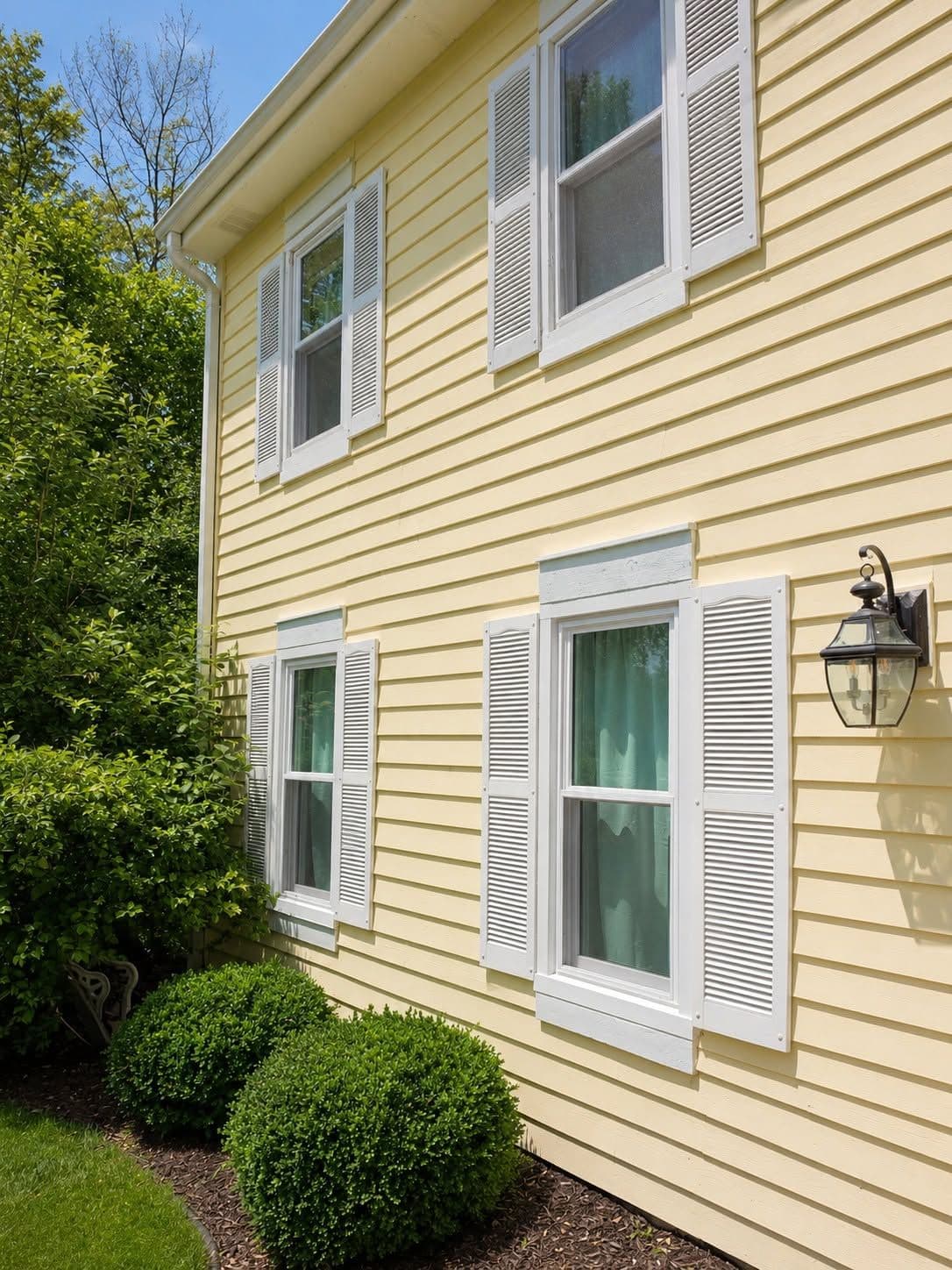 Cream-colored house exterior with horizontal siding, white-trimmed double-hung windows with shutters on upper and lower levels, landscaping shrubs, and wall-mounted lantern
