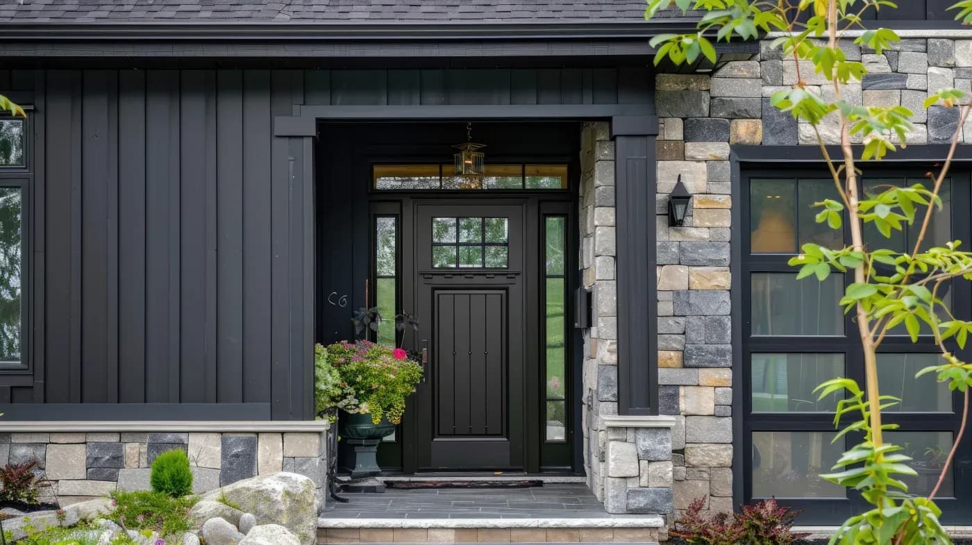 Modern home entrance with black front door, sidelights, and transom window, flanked by stone exterior and dark siding, with flowering planters and young trees in landscaping