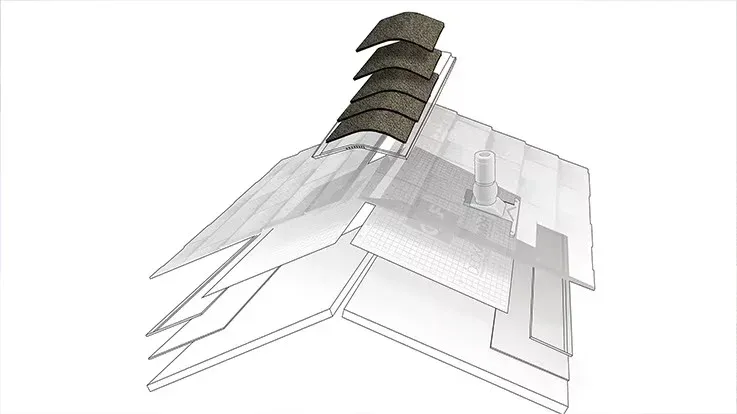 Exploded view diagram showing layers of a roofing or building material system with a dark textured top component and stacked translucent sheets below