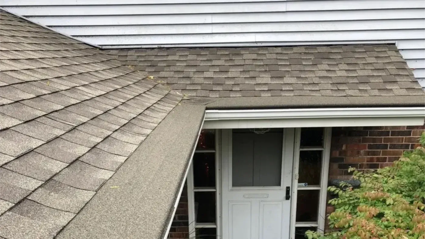 Sloped asphalt shingle roof meeting white gutters and siding above a glass door entrance on brick exterior wall with climbing ivy