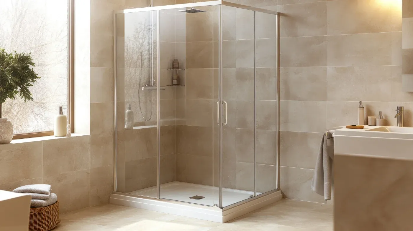 Interior view of a modern bathroom featuring a walk-in glass shower enclosure with chrome hardware, beige large-format wall tiles, neutral stone flooring, a window sill with decorative plants, and a vanity sink area.