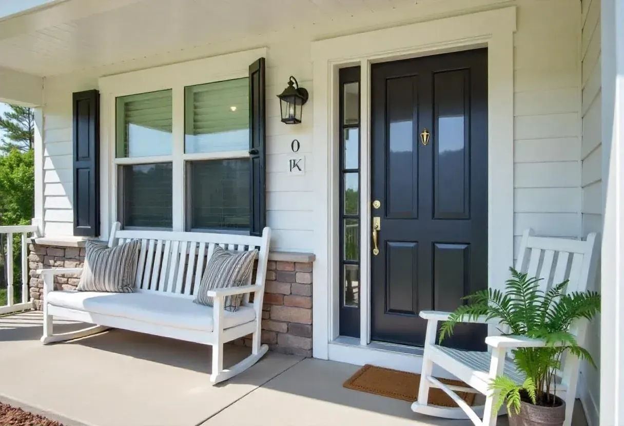 Covered front porch with a black entry door, white rocking chairs, black shutters, and potted plants.