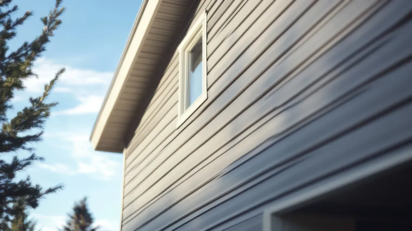 Beige horizontal vinyl siding on house exterior with window and evergreen trees visible on left side