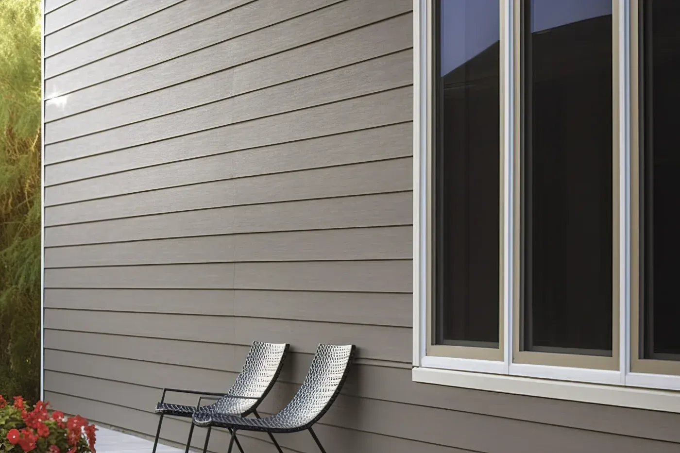 Close-up of taupe horizontal siding beside a large white-framed window and patio chairs.