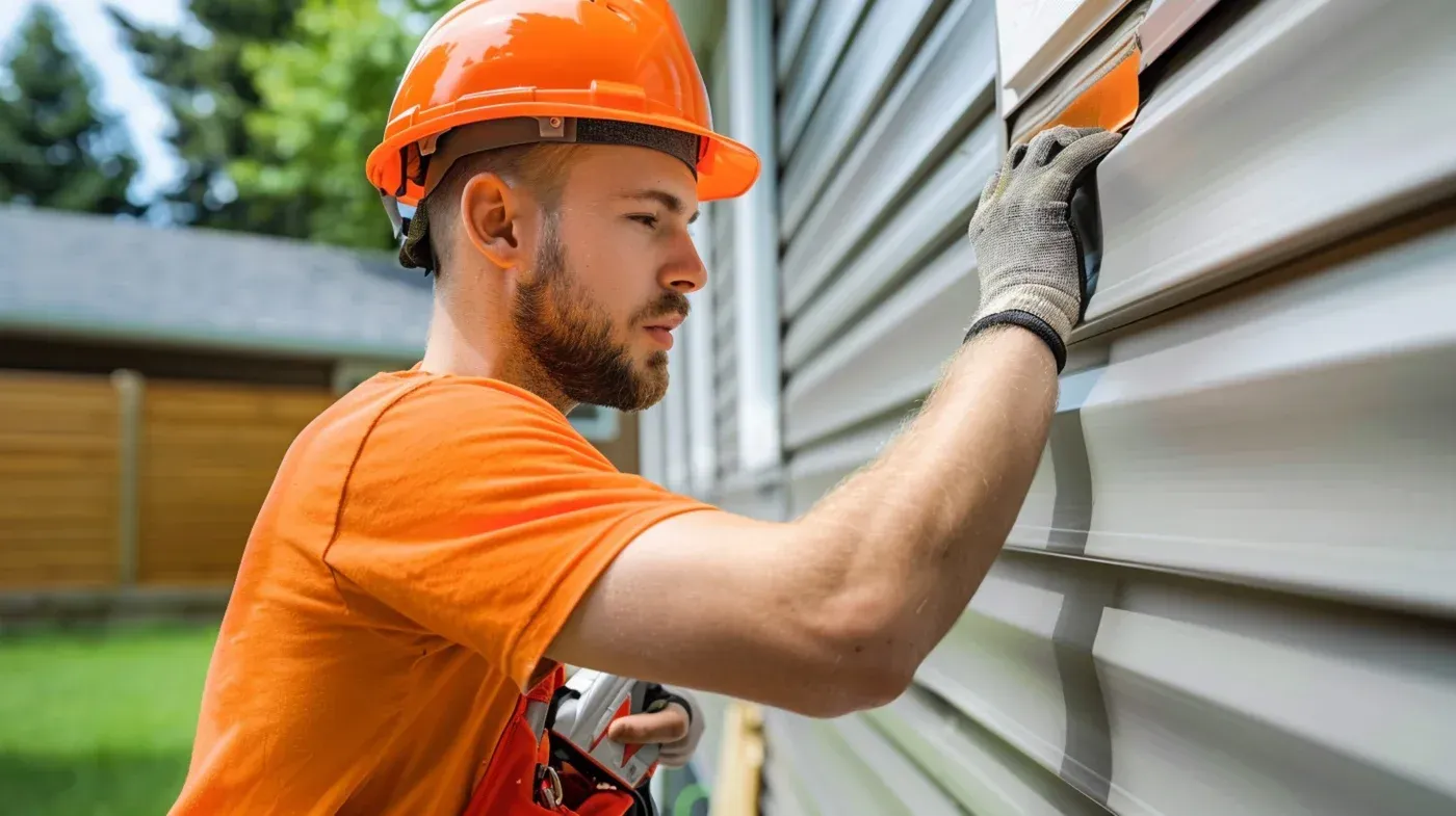 Construction worker in orange helmet and shirt installing or repairing siding on residential house exterior