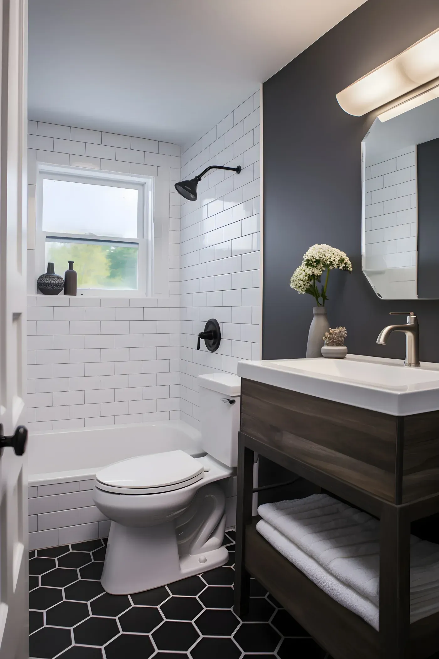 Modern bathroom with white subway tile shower, black hexagonal floor tiles, dark accent wall, white sink vanity with bronze faucet, illuminated mirror, and window with plants on sill