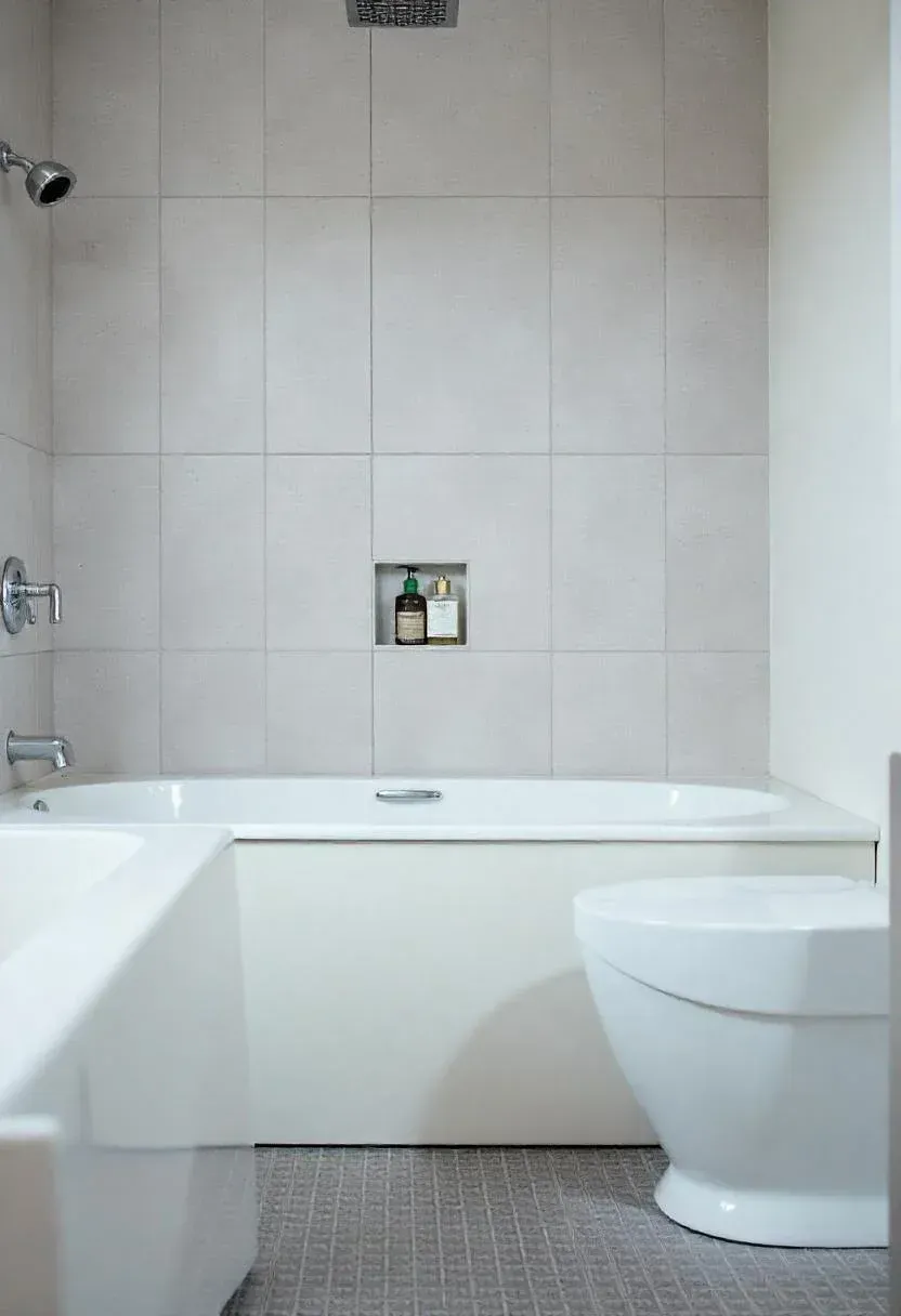 White bathtub with large light-gray wall tiles, chrome fixtures, and a recessed storage niche.
