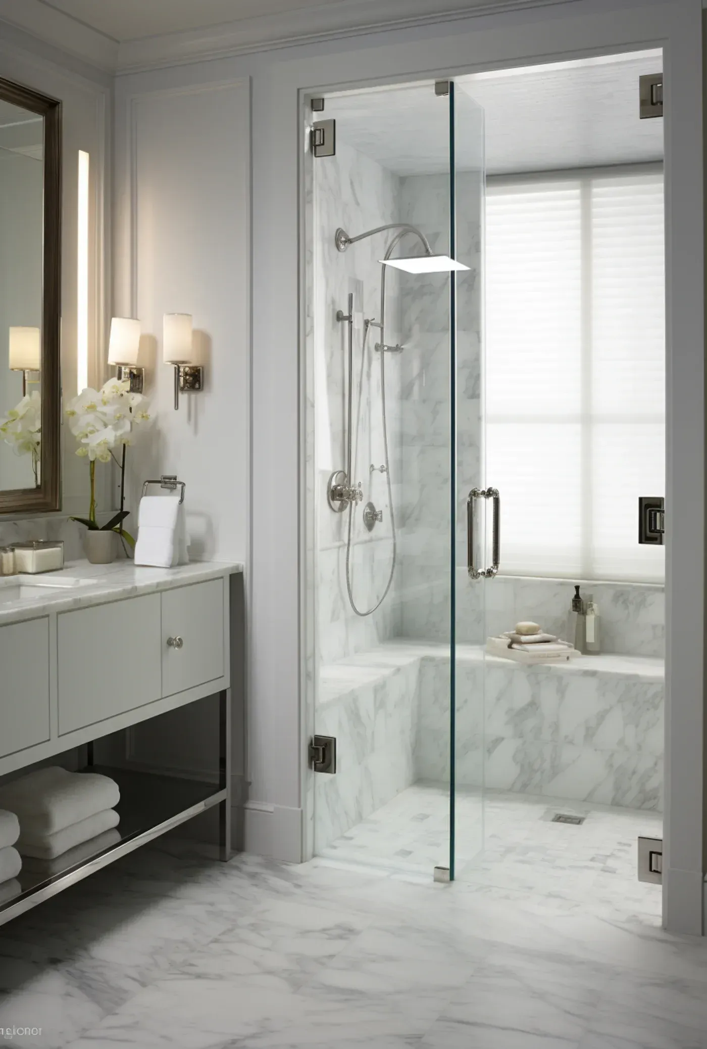 Modern bathroom with white marble shower enclosure, floating vanity with mirror and sconces, and heated towel rack