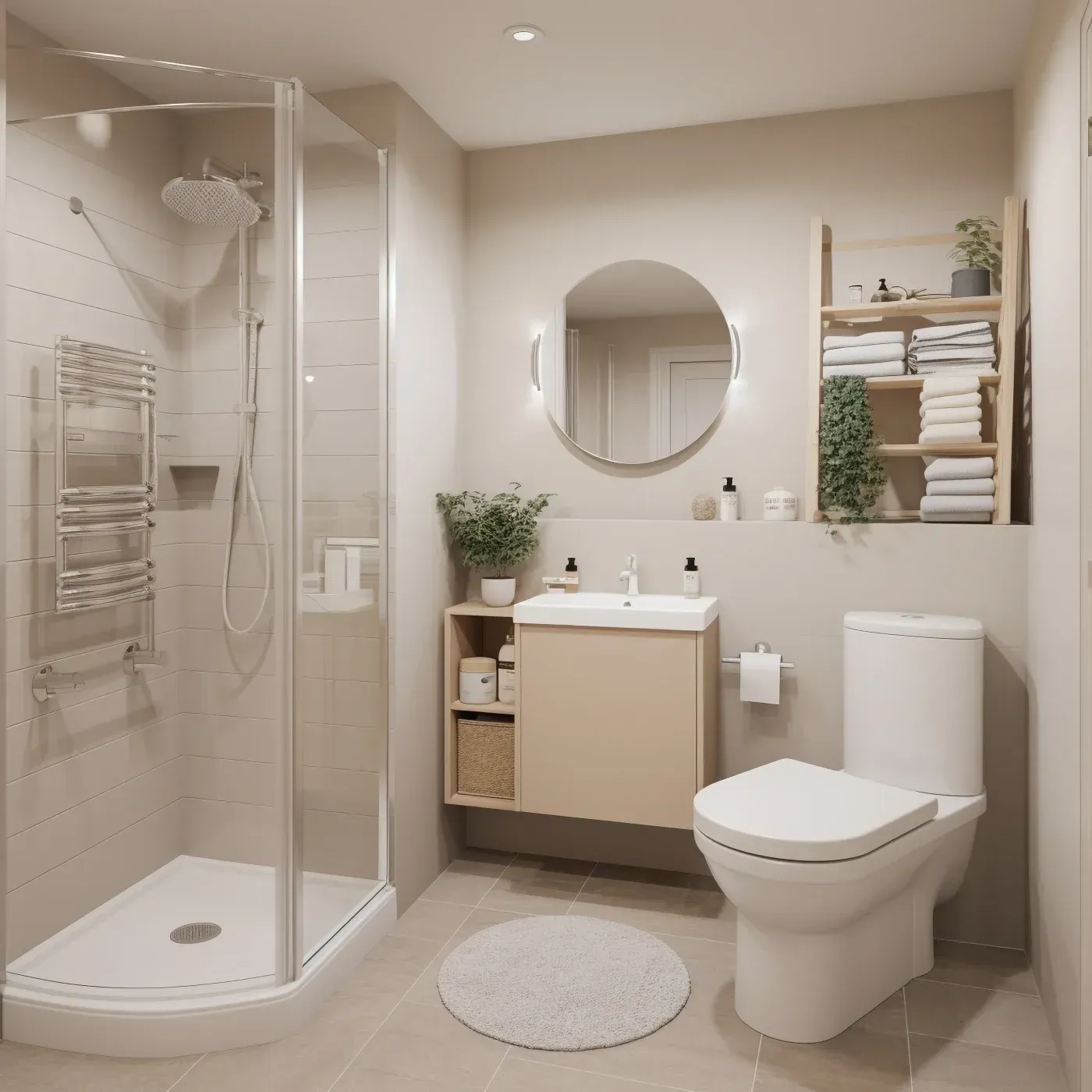 Modern bathroom with glass shower enclosure, white toilet, wooden vanity with sink, illuminated round mirror, towel shelving, and neutral beige tiling throughout