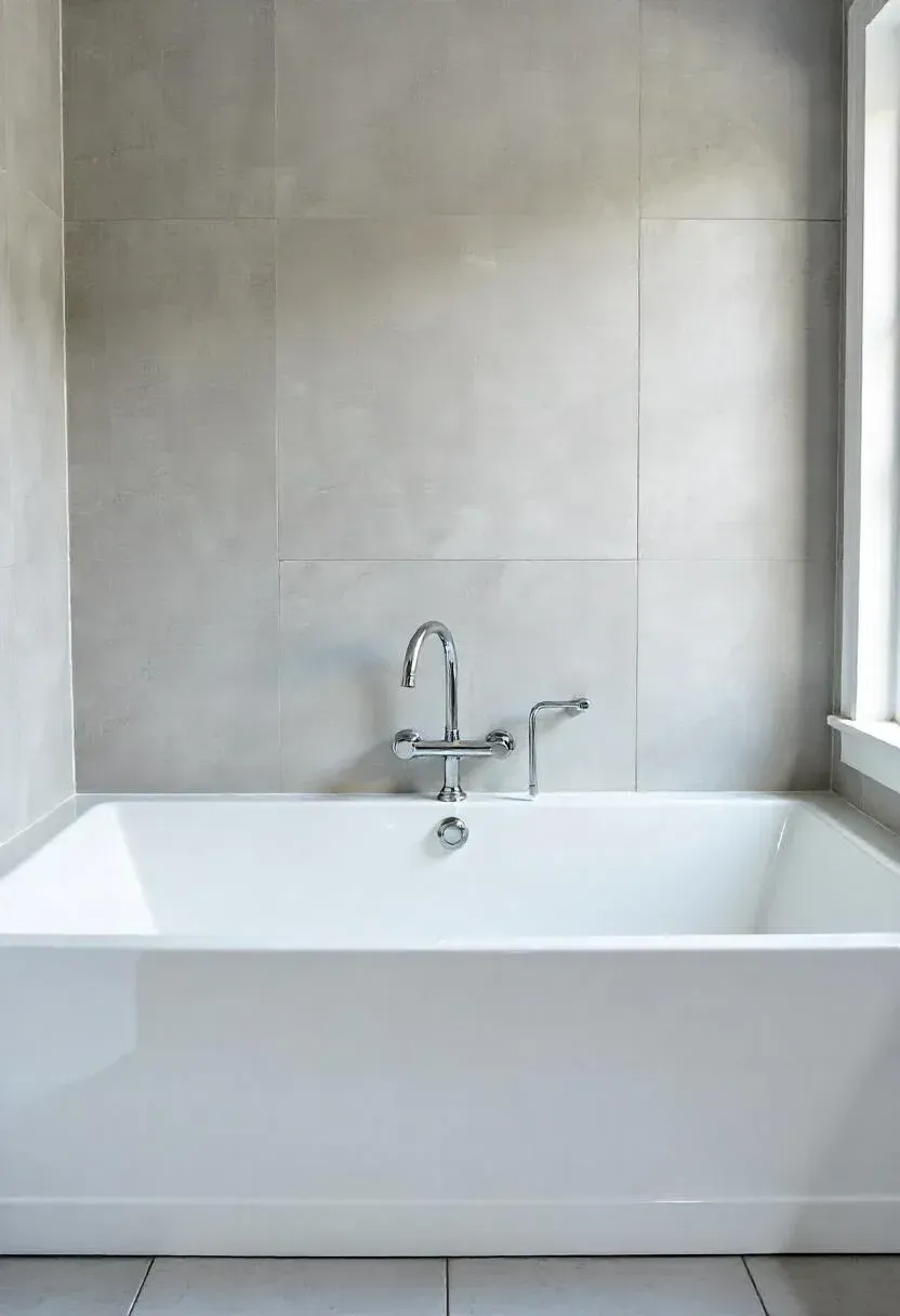 White soaking tub with chrome fixtures, large gray wall tiles, and a nearby window.