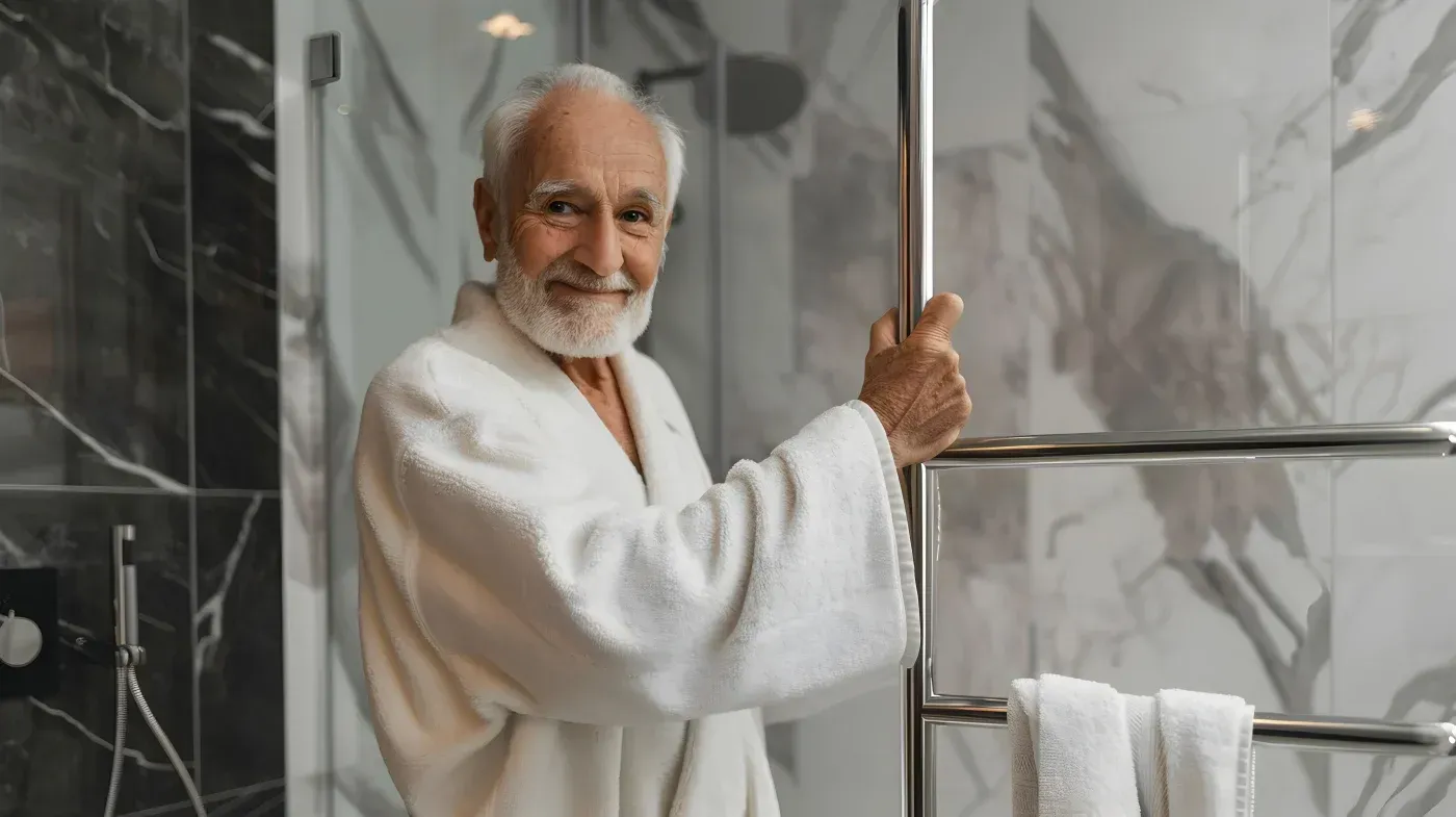 Older man with white beard wearing white bathrobe, holding heated towel rail in modern bathroom with tiled shower enclosure