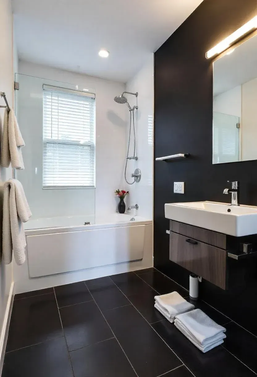 Modern bathroom with white soaking tub, glass shower enclosure, black accent wall with white rectangular sink, illuminated mirror, and dark tile flooring