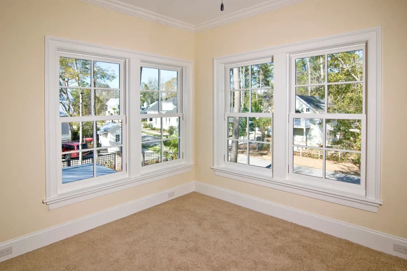Bright room with four white-framed double-hung windows, beige walls, white trim, and views of a residential neighborhood.