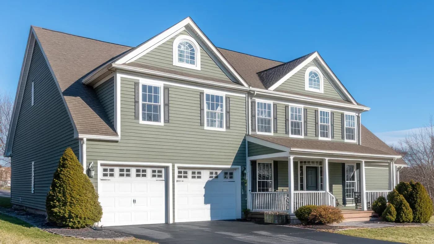 Two-story green home with white trim, replacement windows, asphalt shingle roof, attached garage, and covered front porch in Belgium, Wisconsin.