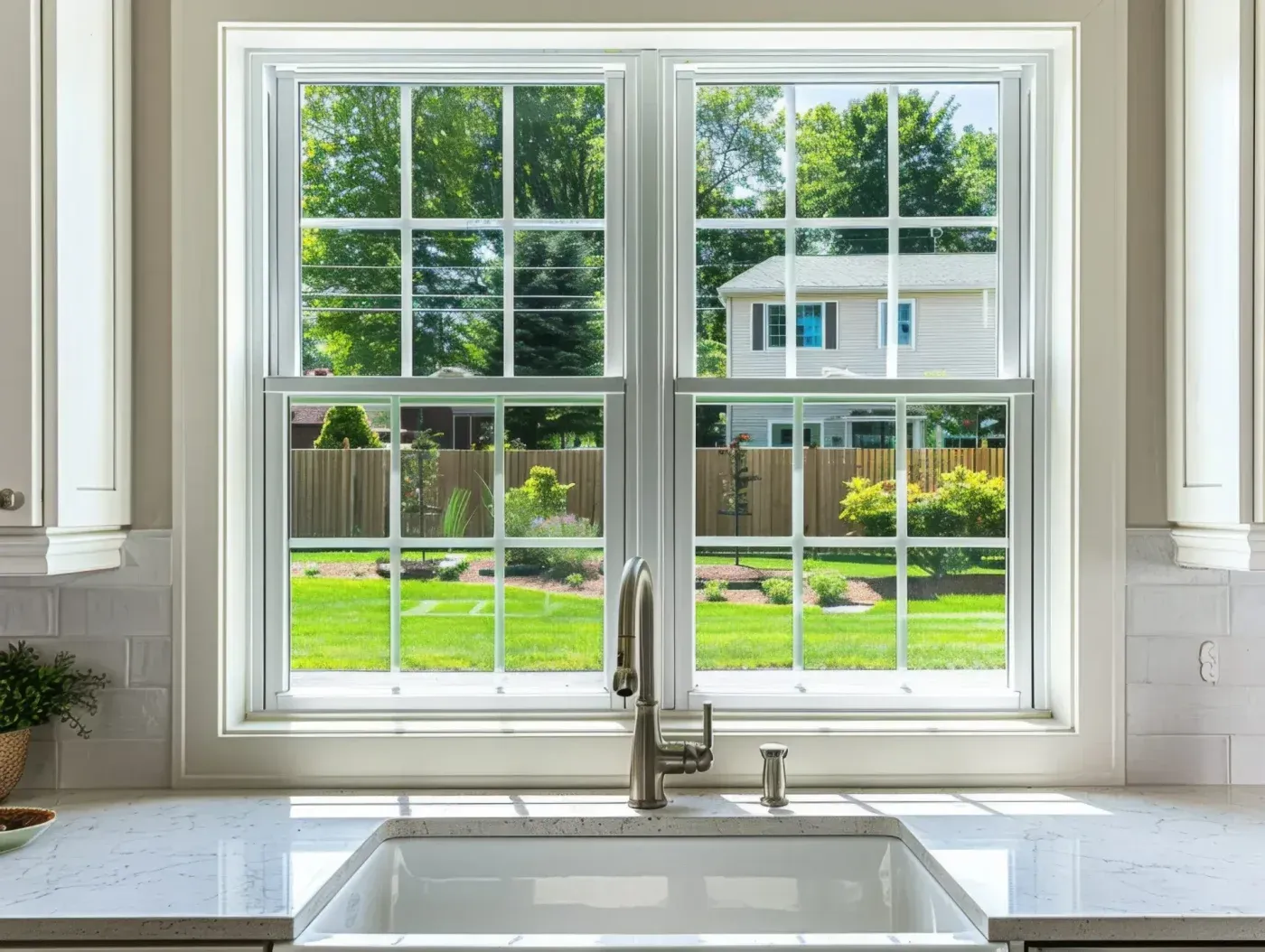 White double-hung kitchen windows above a sink with a view of a green backyard.