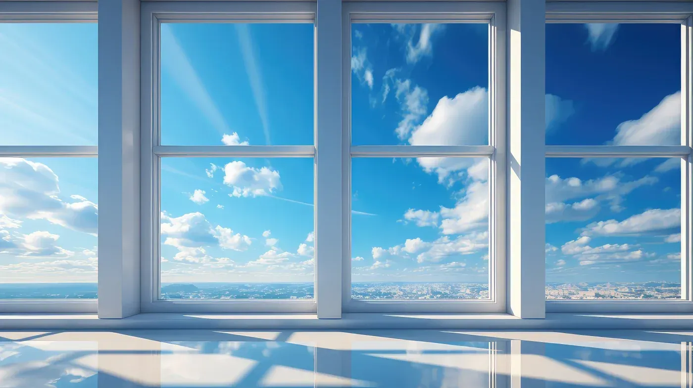 Large white replacement windows overlooking a bright blue sky, highlighting natural light and expansive views in Ashippun, Wisconsin.