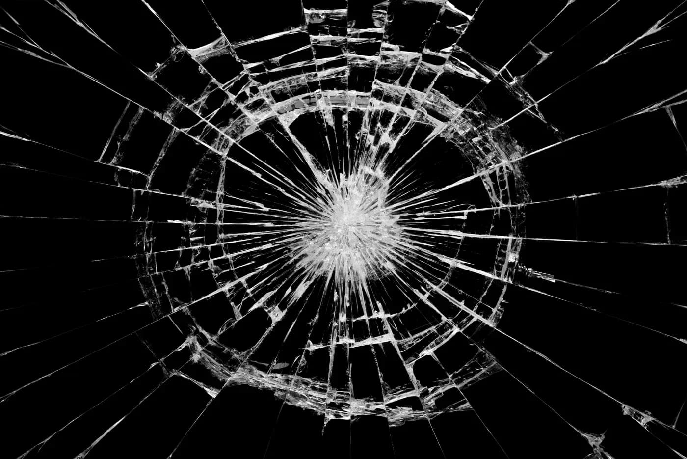 Shattered glass with a central impact point and radiating cracks against a black background.