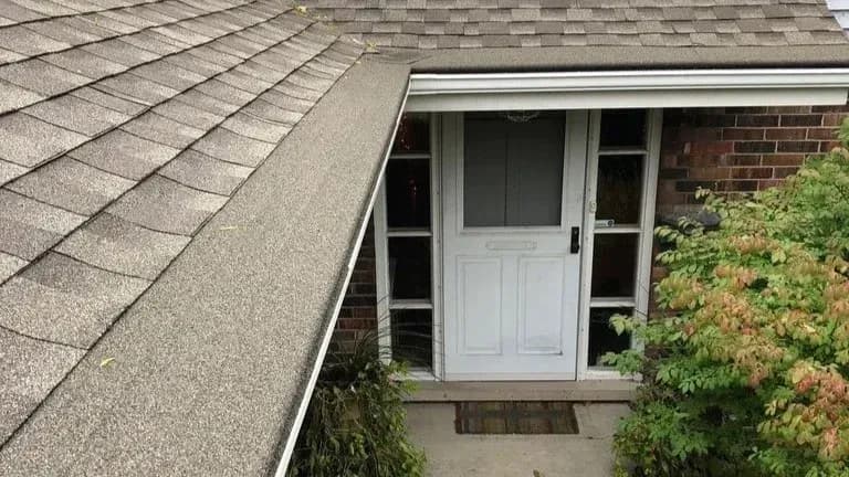 Close-up of an asphalt shingle roof and white gutter above a home’s front entryway.