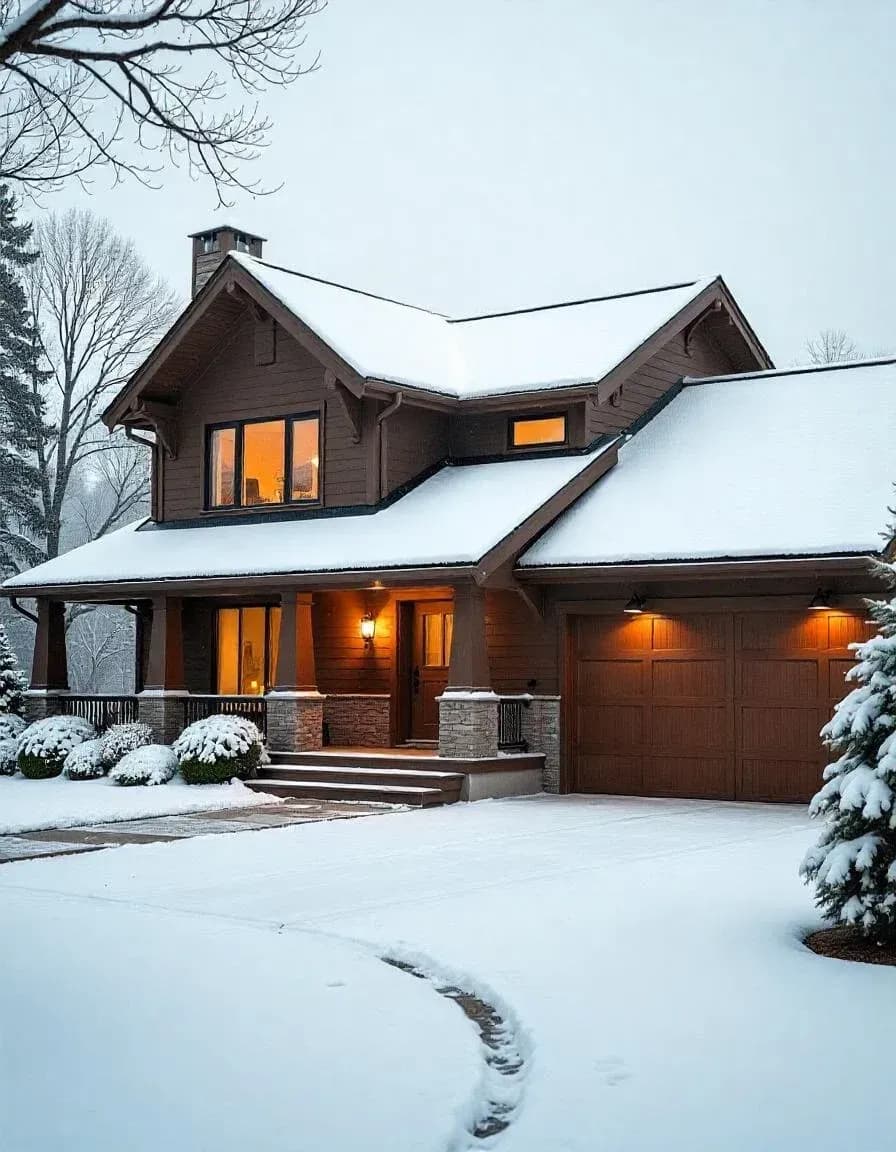 Two-story brown home with a snow-covered roof, illuminated windows, covered porch, and attached garage.