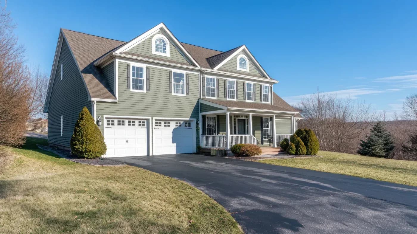 Two-story colonial-style house with green siding, white trim, and dual garage, set on a sloped lawn with landscaping and bare trees under clear blue sky