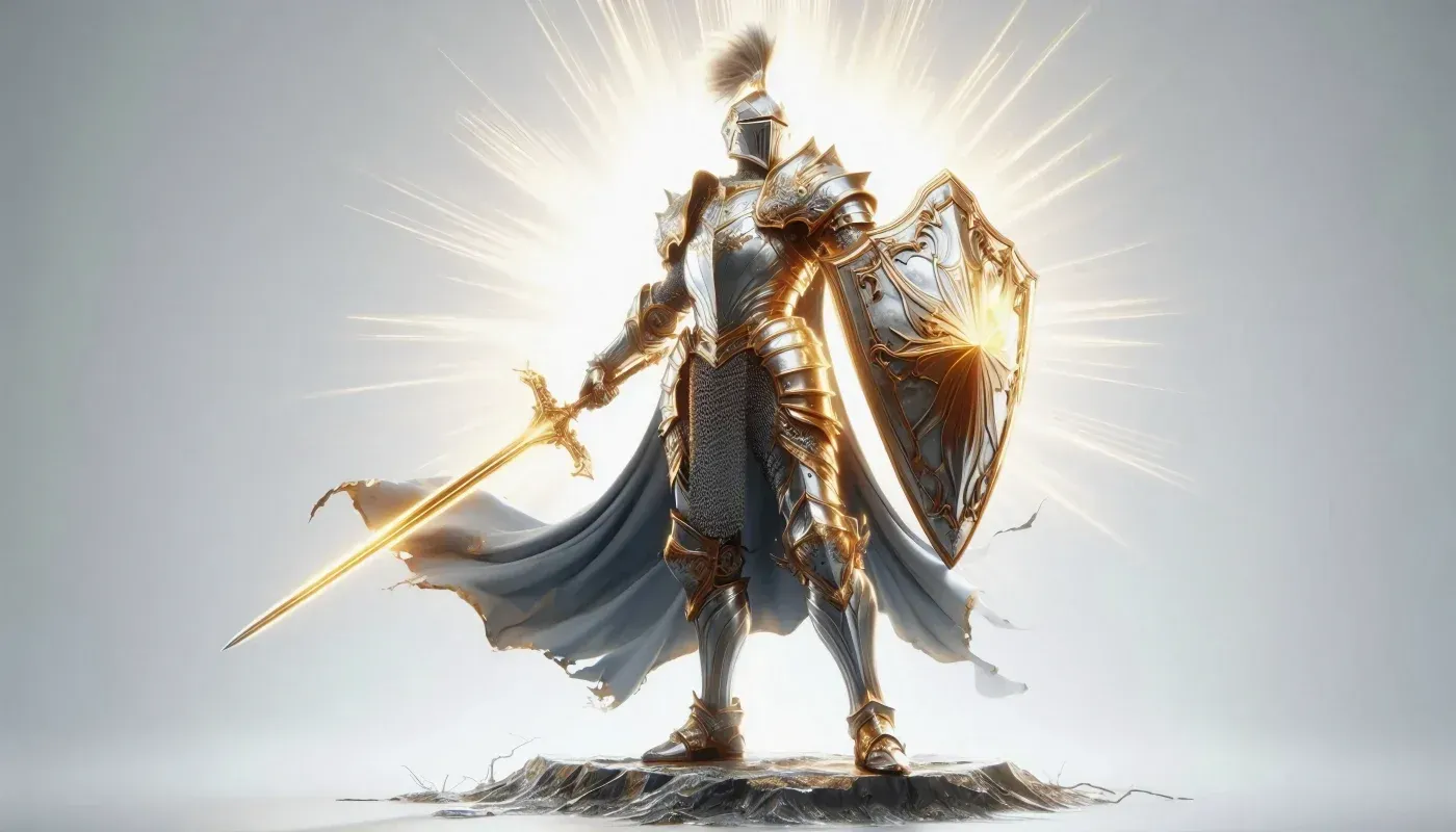 Armored knight holding a glowing sword and shield, surrounded by radiant light to symbolize strength, protection, and durability.