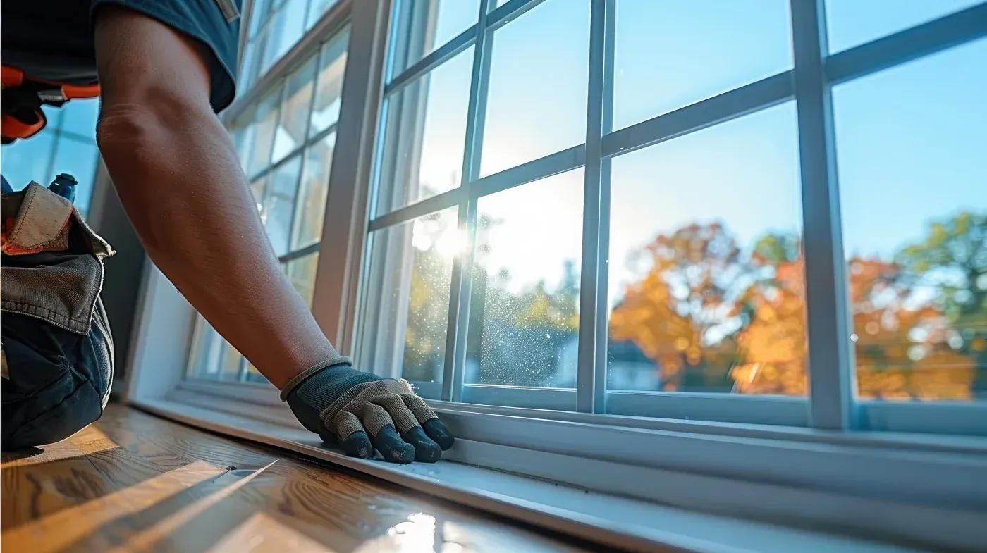 Window installer fitting a large replacement window inside a home in Ashippun, Wisconsin.