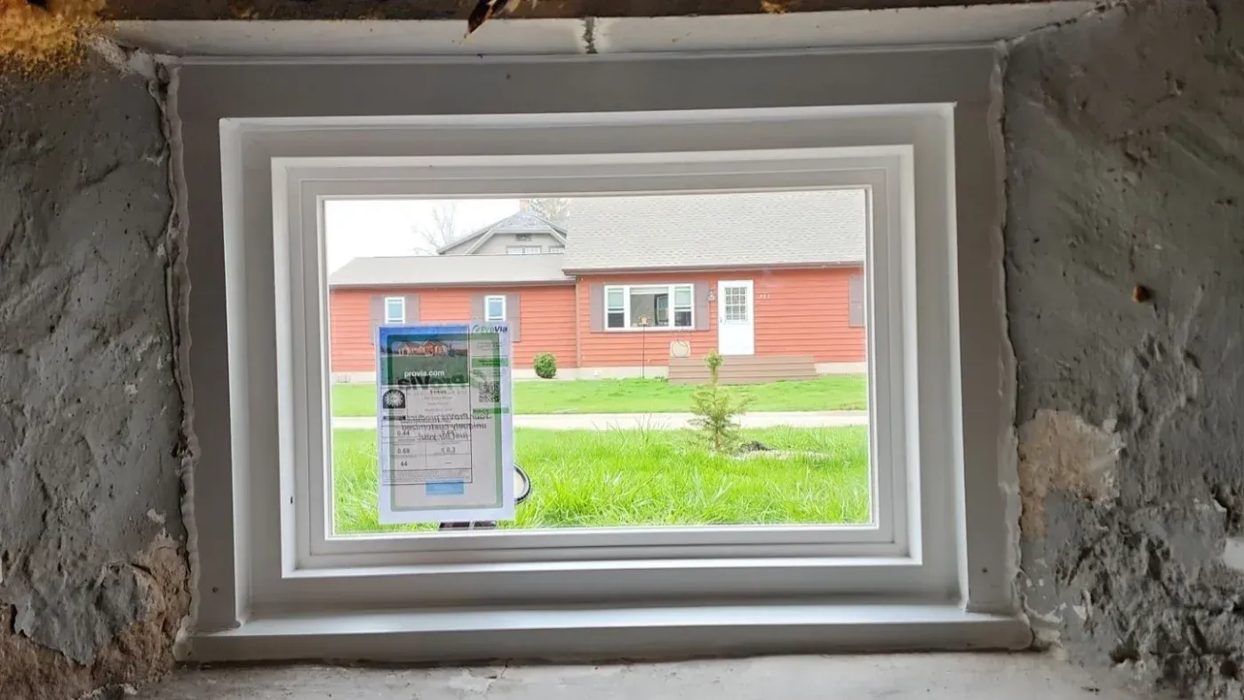 New white-trimmed window installed in concrete wall opening, framing view of red residential house with green lawn and real estate sign