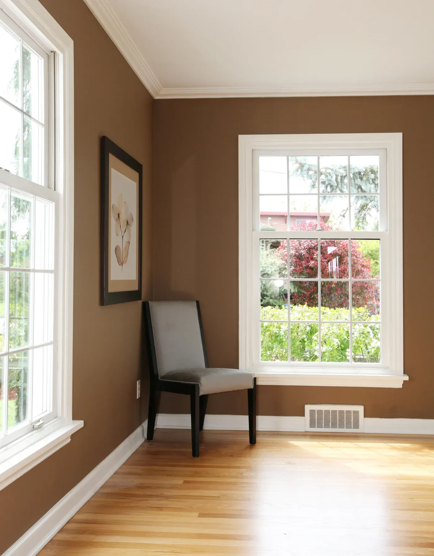 Bright room with brown walls, hardwood floors, a black chair with gray cushion, two windows with white trim overlooking a garden, and framed botanical art