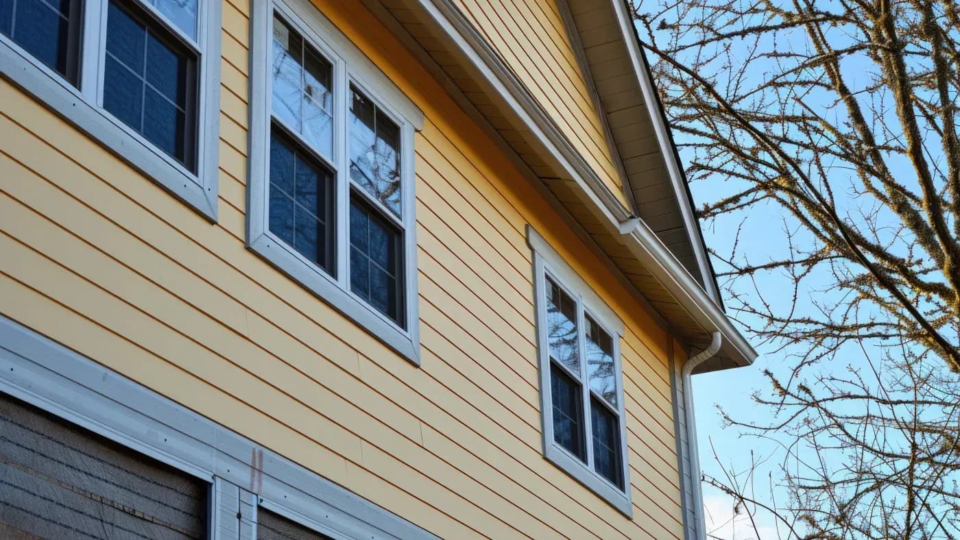 Cream-colored house exterior with white-trimmed windows and horizontal siding, bare tree branches visible on right side against clear sky