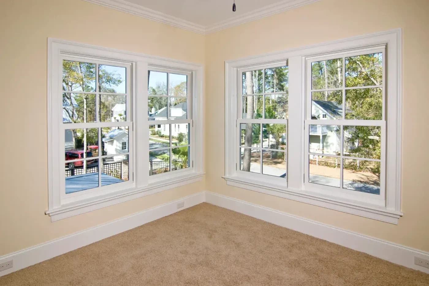 Bright room with four white double-hung windows, beige walls, and outdoor neighborhood views.