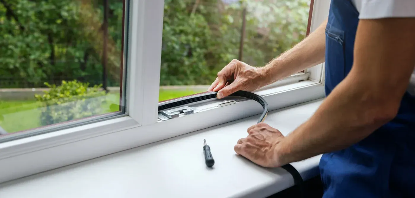 Window installer replacing weatherstripping on a white residential window in Ashippun, Wisconsin.