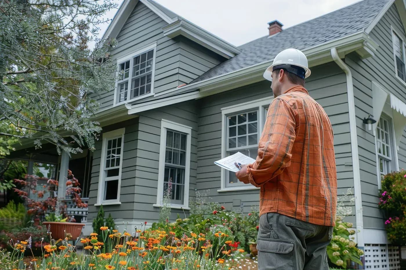 Roofing inspector wearing a hard hat and holding paperwork while examining a gray-sided home.