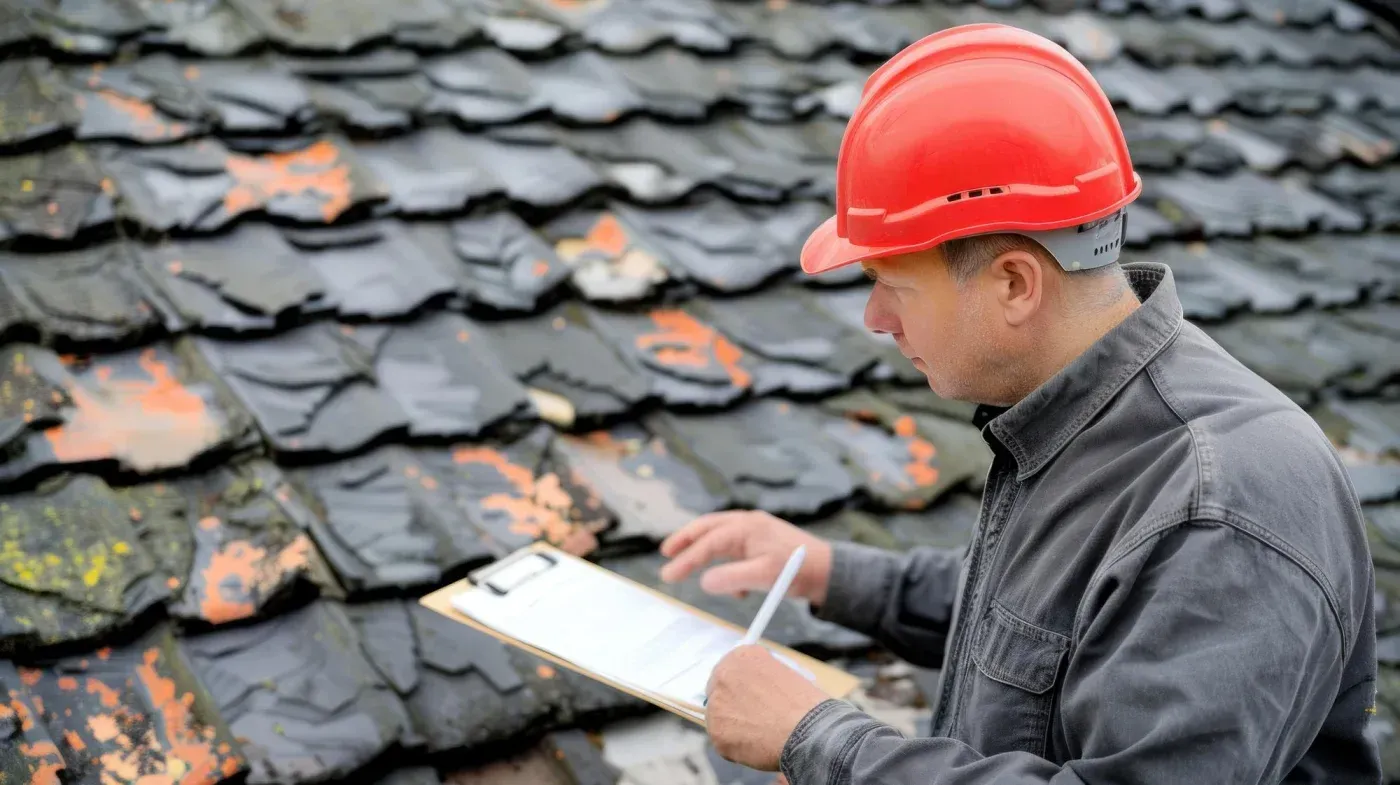 Construction inspector in red hard hat inspecting damaged roof tiles and documenting findings on clipboard