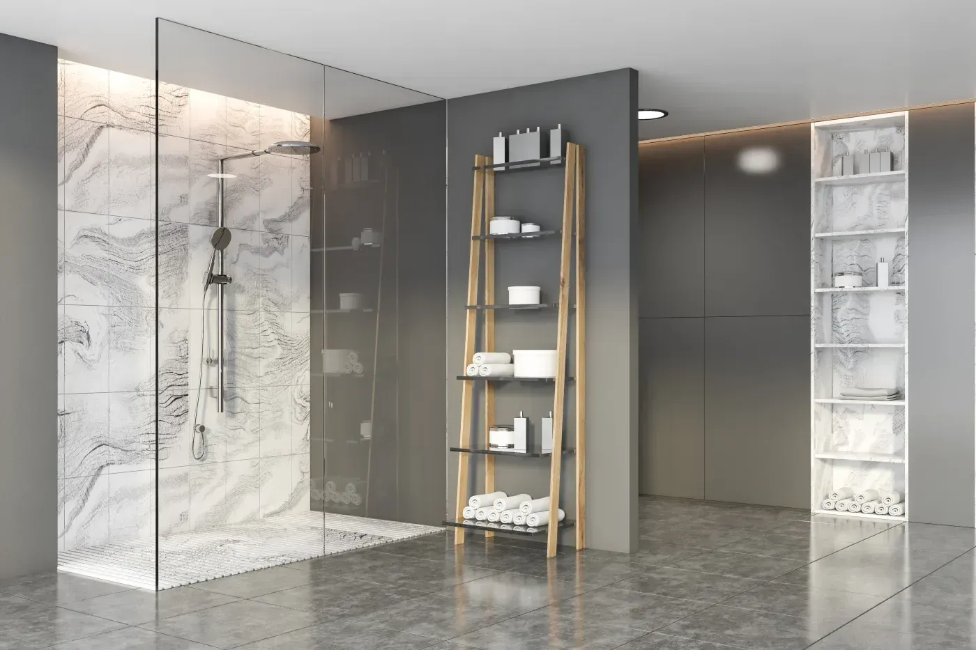 Modern frameless glass shower with marble-patterned walls, rainfall showerhead, and wooden ladder shelving.