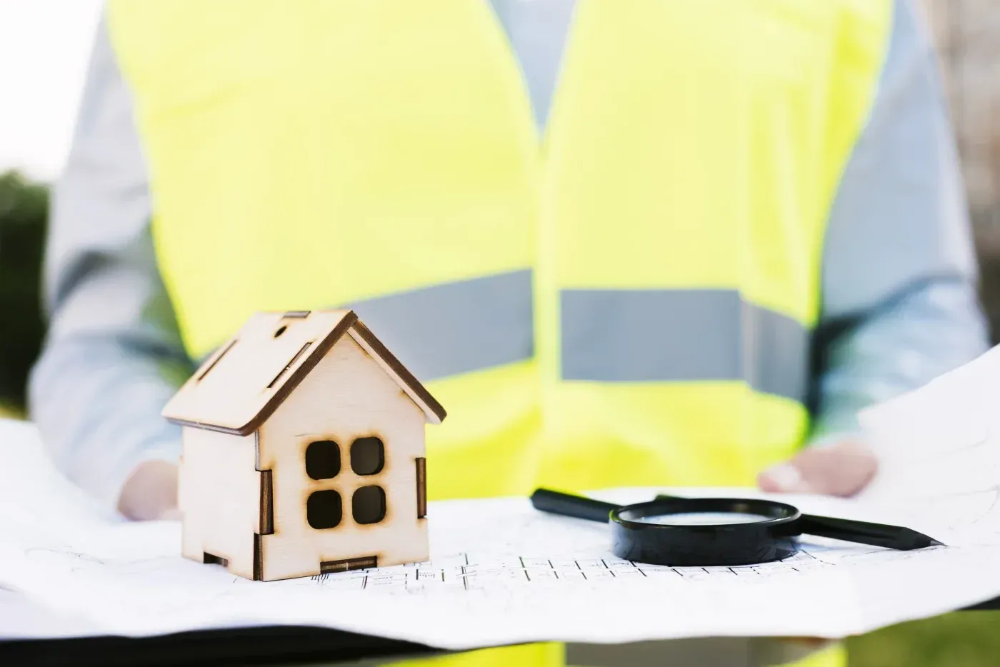 Wooden house model on architectural blueprint with magnifying glass, safety-vested inspector in background