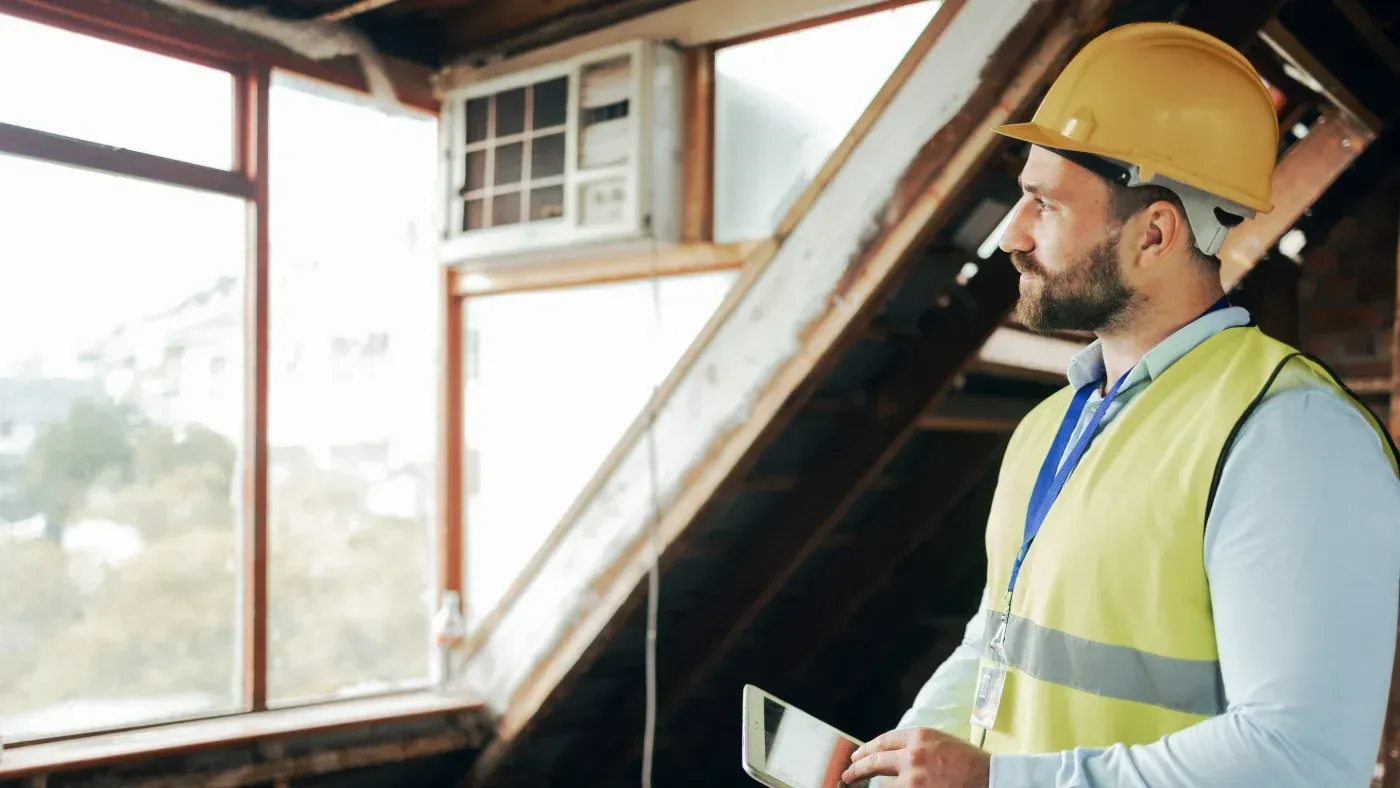 Construction worker in hard hat and safety vest inspecting building interior, holding tablet near window