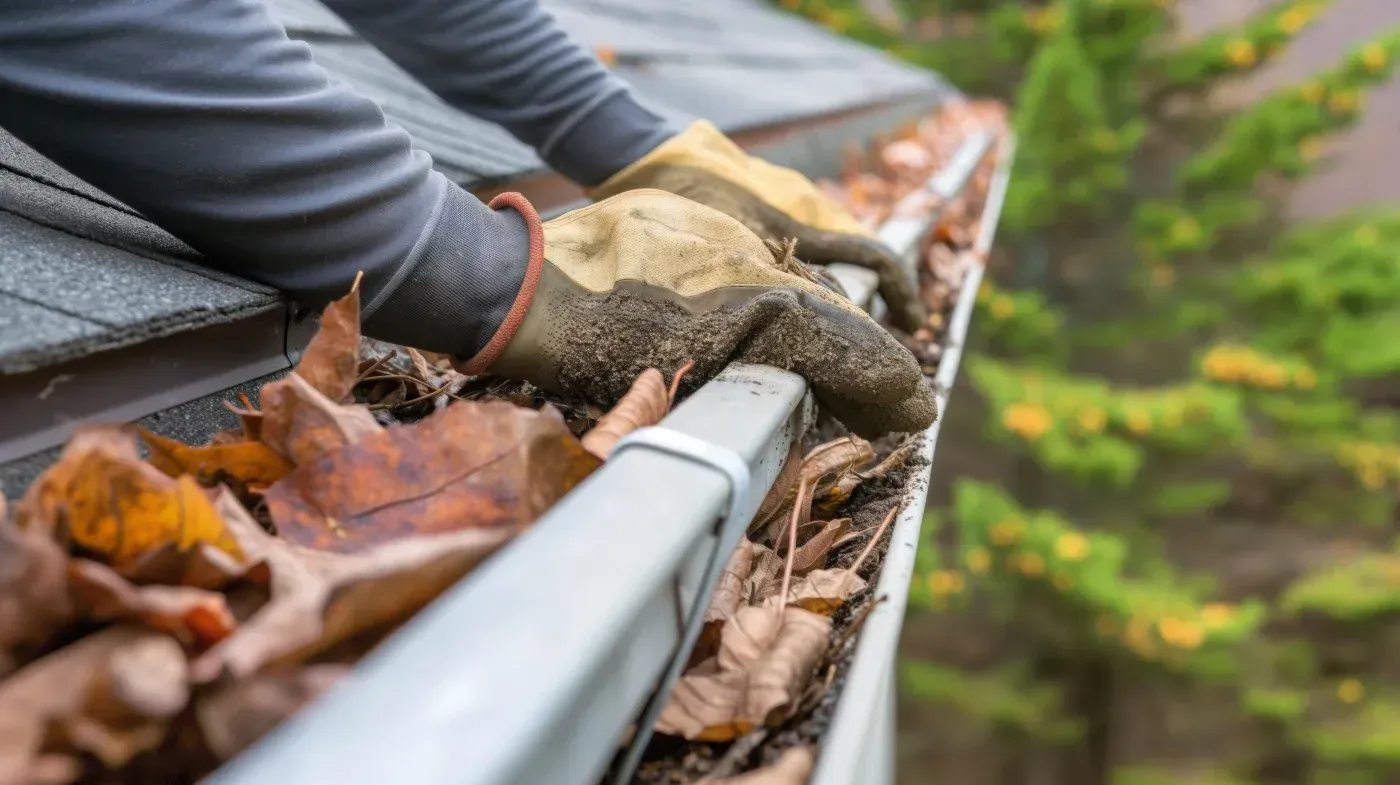 Person wearing work gloves cleaning debris and leaves from a residential gutter during home maintenance