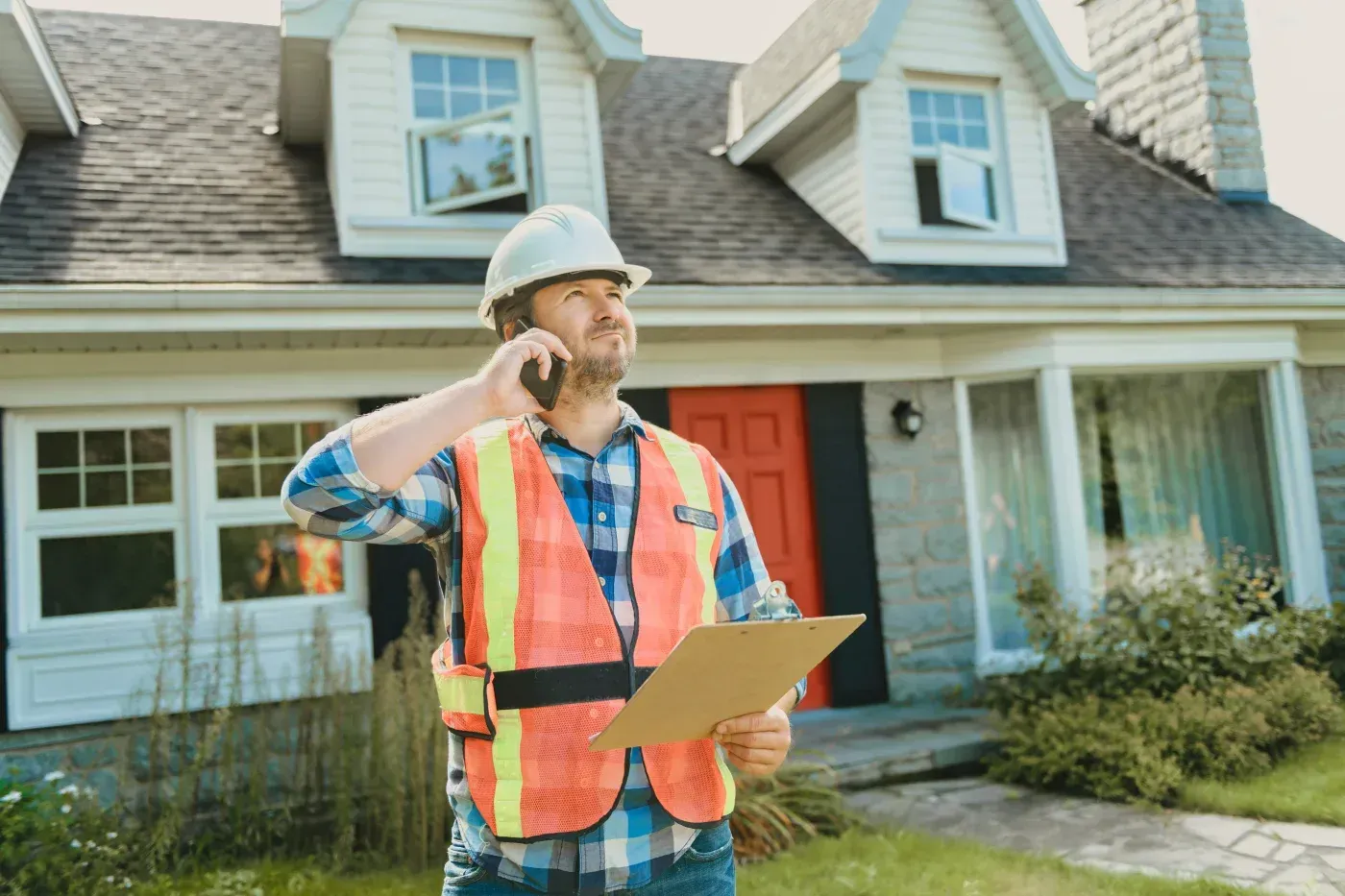 Construction contractor in hard hat and safety vest holding clipboard and talking on phone in front of residential home