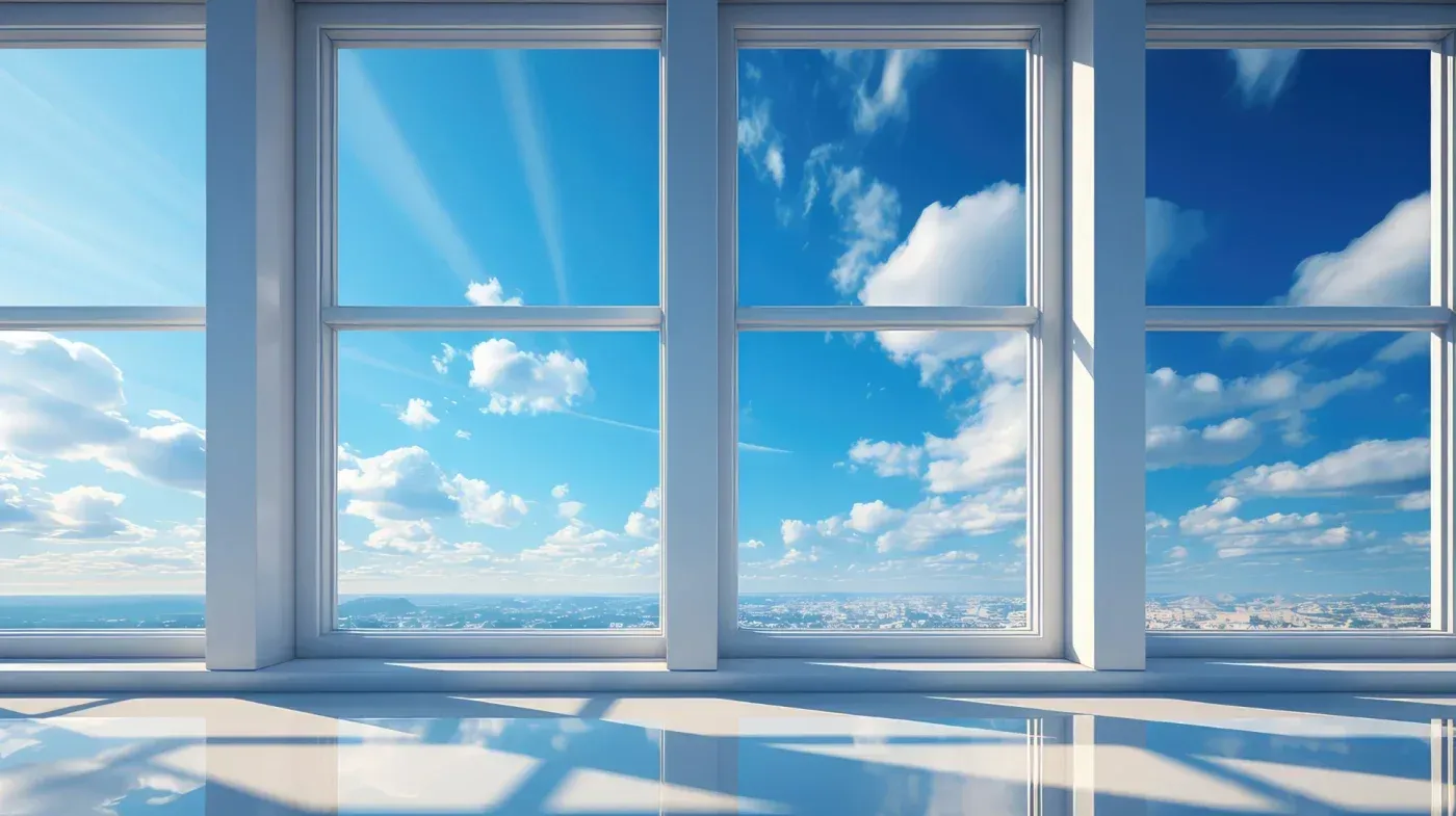 Large white-framed windows reflecting a bright blue sky and clouds.