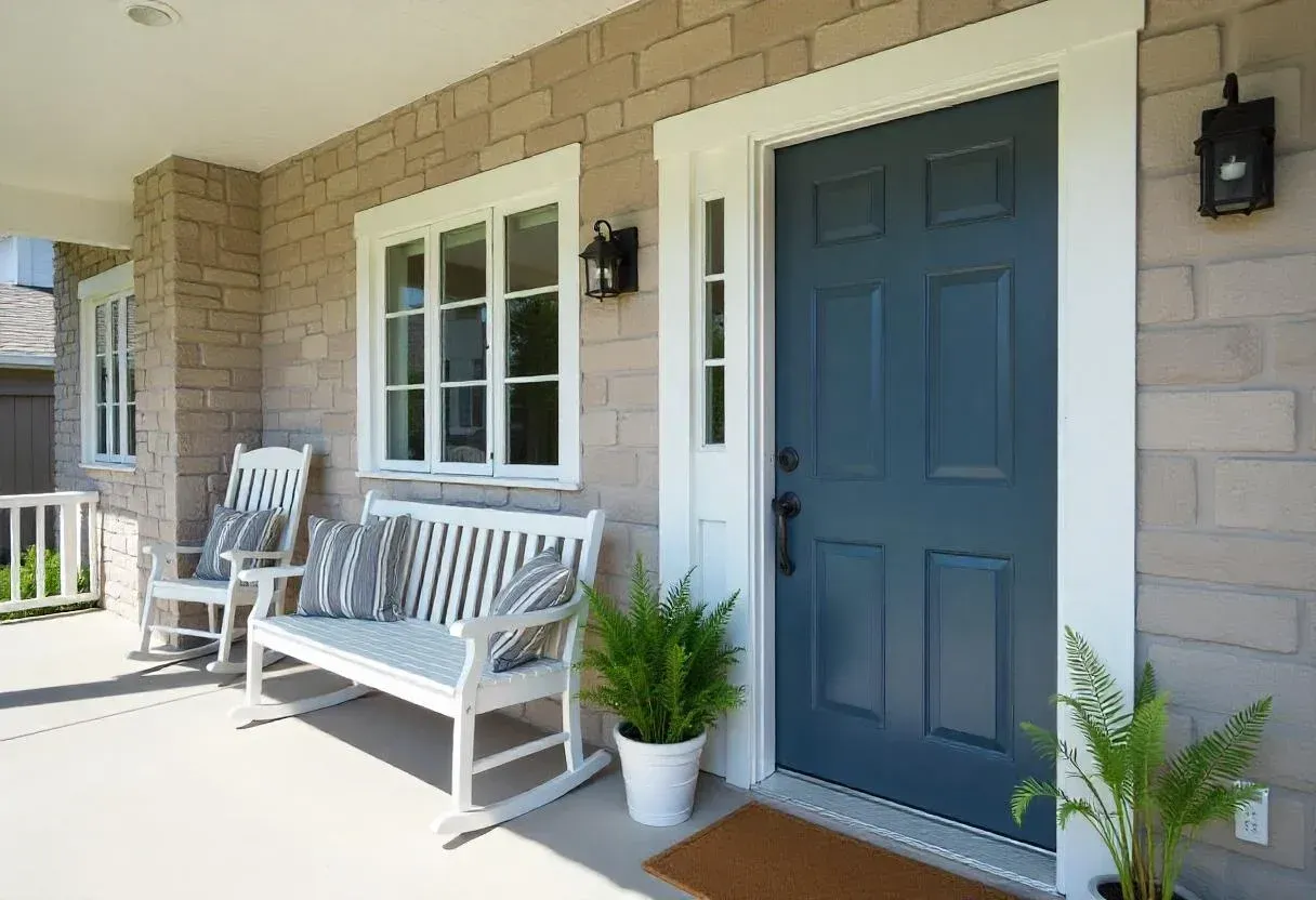 Covered front porch with a blue entry door, white rocking chairs, potted ferns, and stone walls.