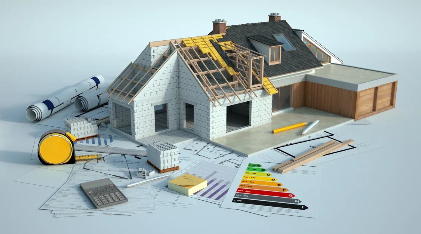 3D architectural visualization featuring a house model under construction sitting on top of floor plans and financial documents, surrounded by tools like a tape measure, calculator, pencils, mini pallets of concrete blocks, and an energy efficiency rating chart.