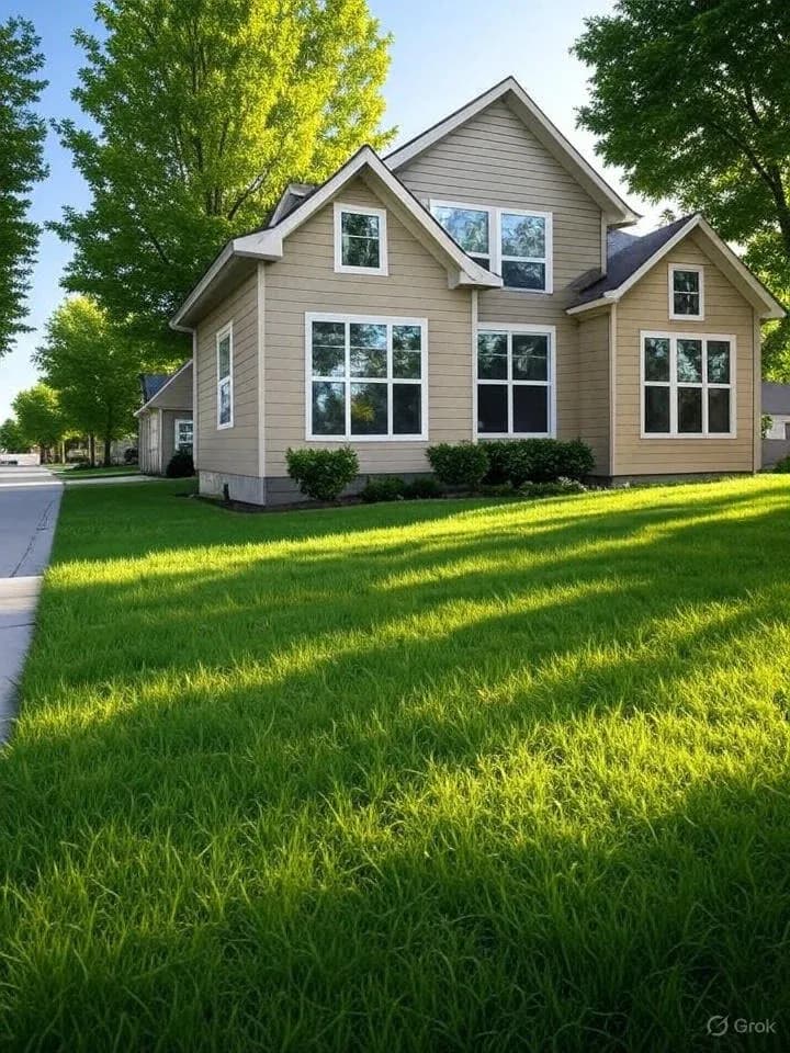 Two-story beige house with multiple windows, situated on a large green lawn bordered by mature trees on a residential street